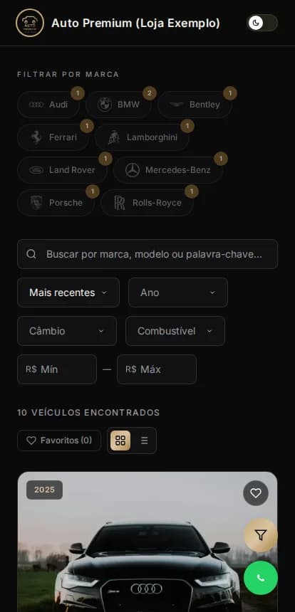 A vitrine de exemplo aberta no celular, com o cabeçalho da marca e a lista de itens