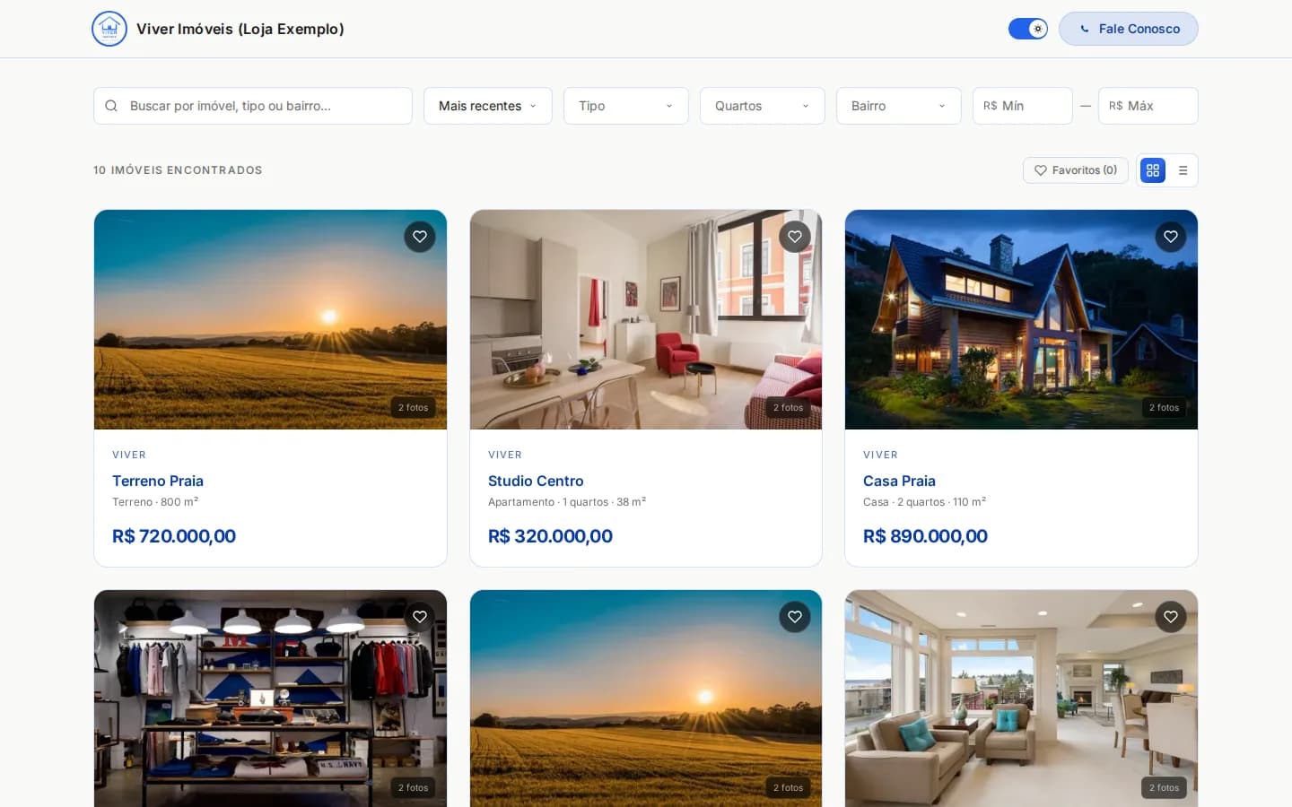 Vitrine digital da loja de exemplo publicada pela Magnus Imobiliária, com busca, filtros e os itens com foto e preço