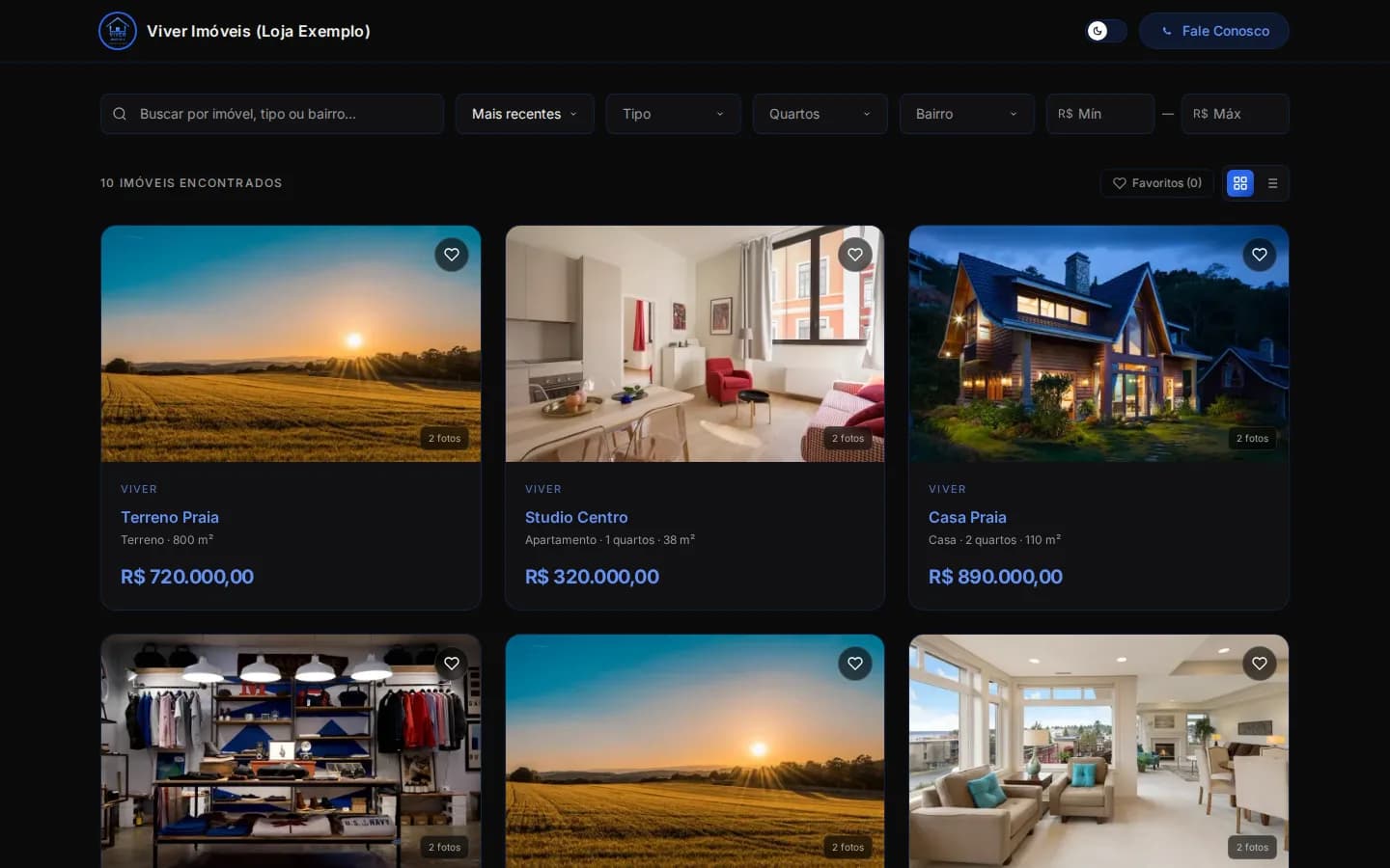 Vitrine digital da loja de exemplo publicada pela Magnus Imobiliária, com busca, filtros e os itens com foto e preço